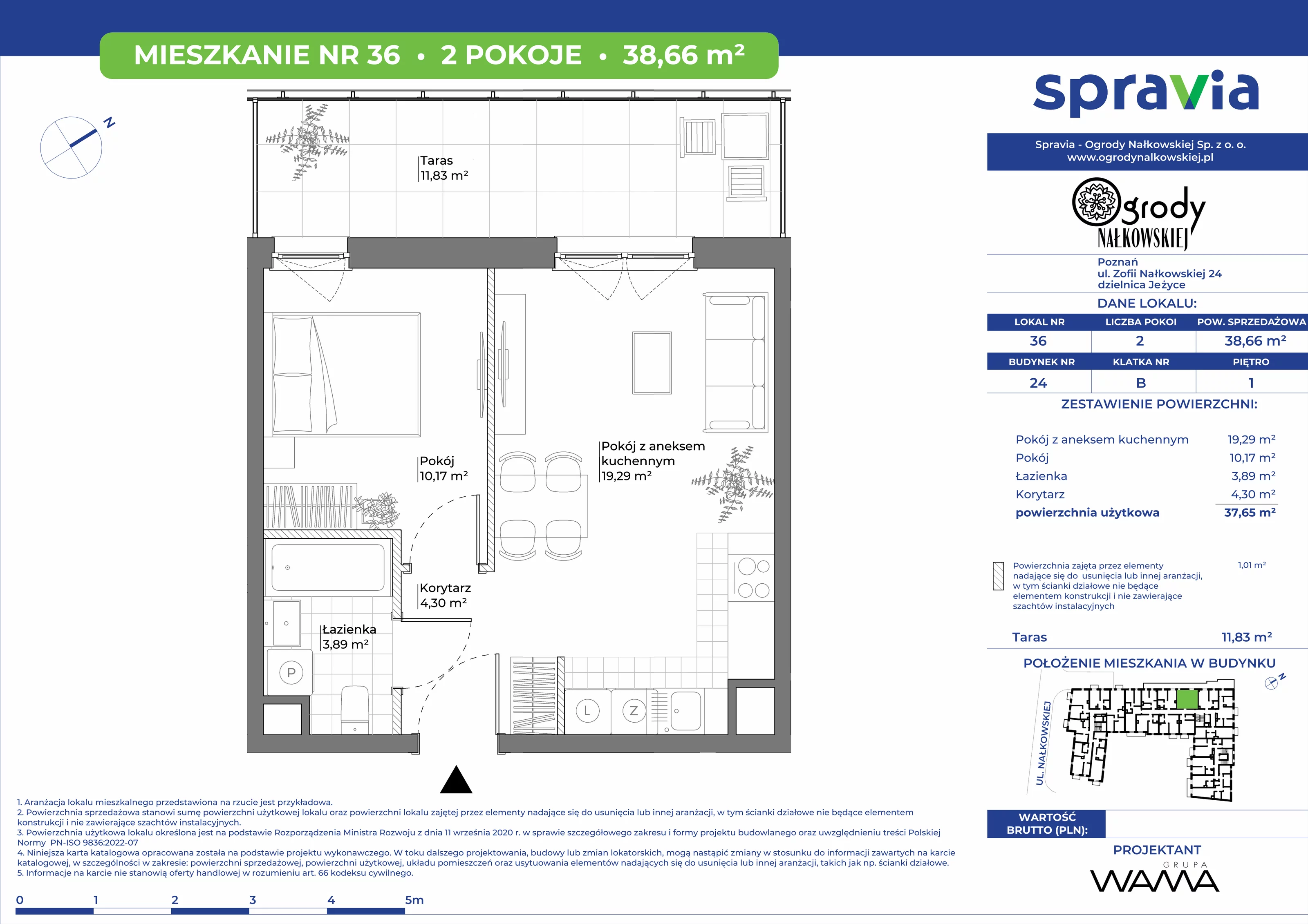 2 pokoje, mieszkanie 38,66 m², piętro 1, oferta nr 24-36, Ogrody Nałkowskiej, Poznań, Ogrody, ul. Nałkowskiej 24, 26